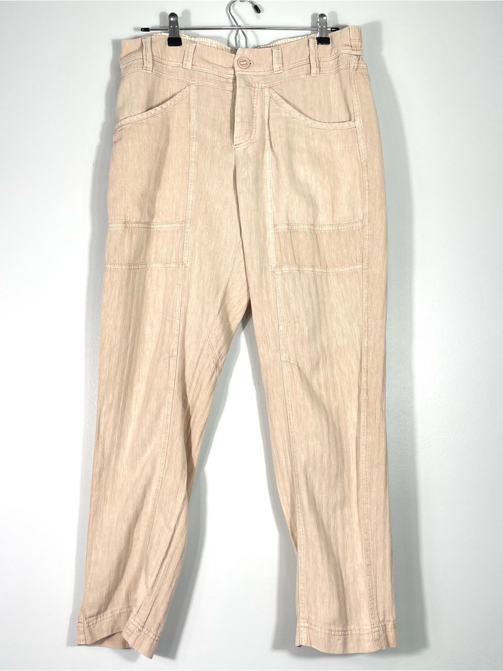 FREE PEOPLE Women Linen Cotton Pants Tapered Leg Peach Tan Textured Size Medium